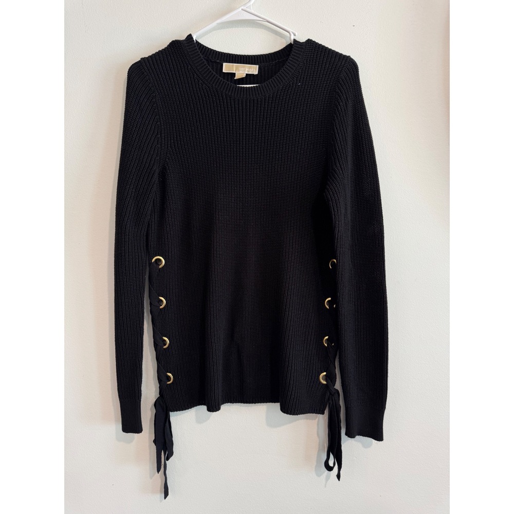 Michael Kors Lace-Up Side Ribbed Sweater Women Small Black Gold Grommet